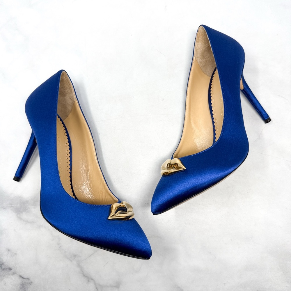 Charlotte Olympia Lippy Eva Metal Lips Silk Satin Pointed Toe Stiletto Heel Pump - Picture 4 of 13